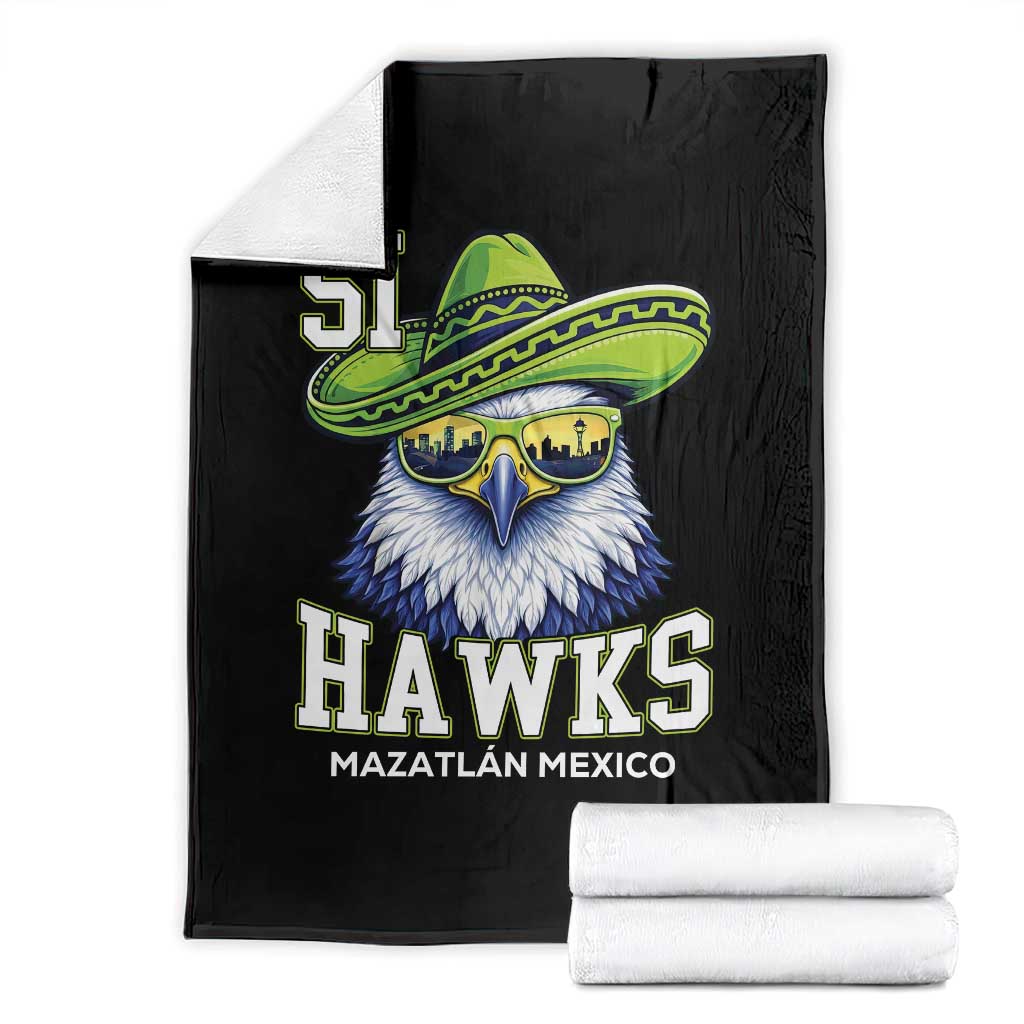 Funny Si Hawks in Mexican Sombrero Throw Blanket Seattle Skyline Pride Mazatlan Mexico Vacation Green and Blue TS02 Black Print Your Wear