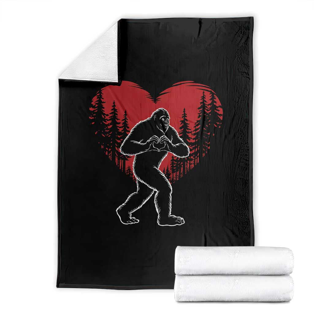 Funny Valentine Bigfoot in Love Heart Hand Sign Throw Blanket Romantic Sasquatch in Forest Valentines Day TS02 Black Print Your Wear