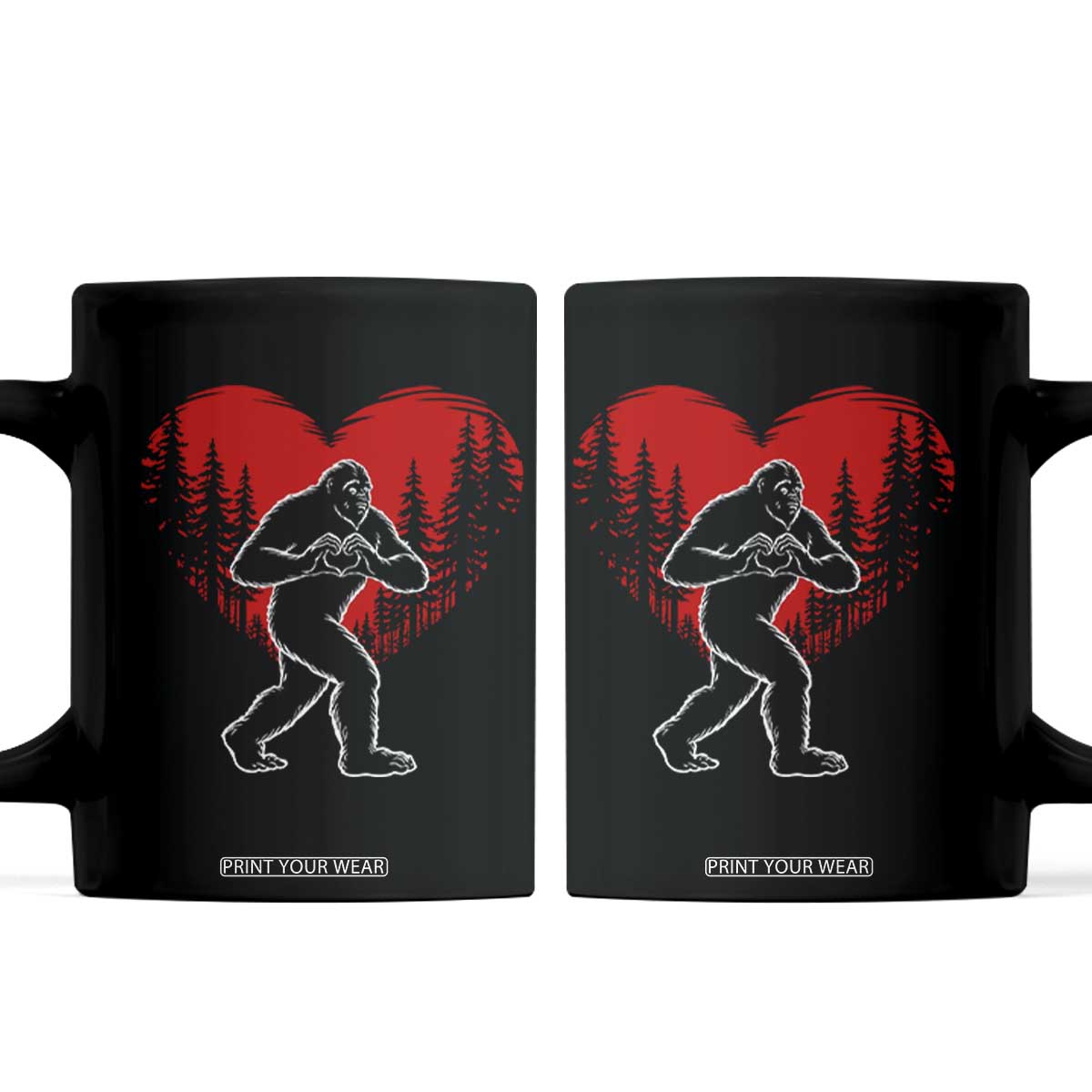 Funny Valentine Bigfoot in Love Heart Hand Sign Coffee Mug Romantic Sasquatch in Forest Valentines Day TS02 Black Print Your Wear