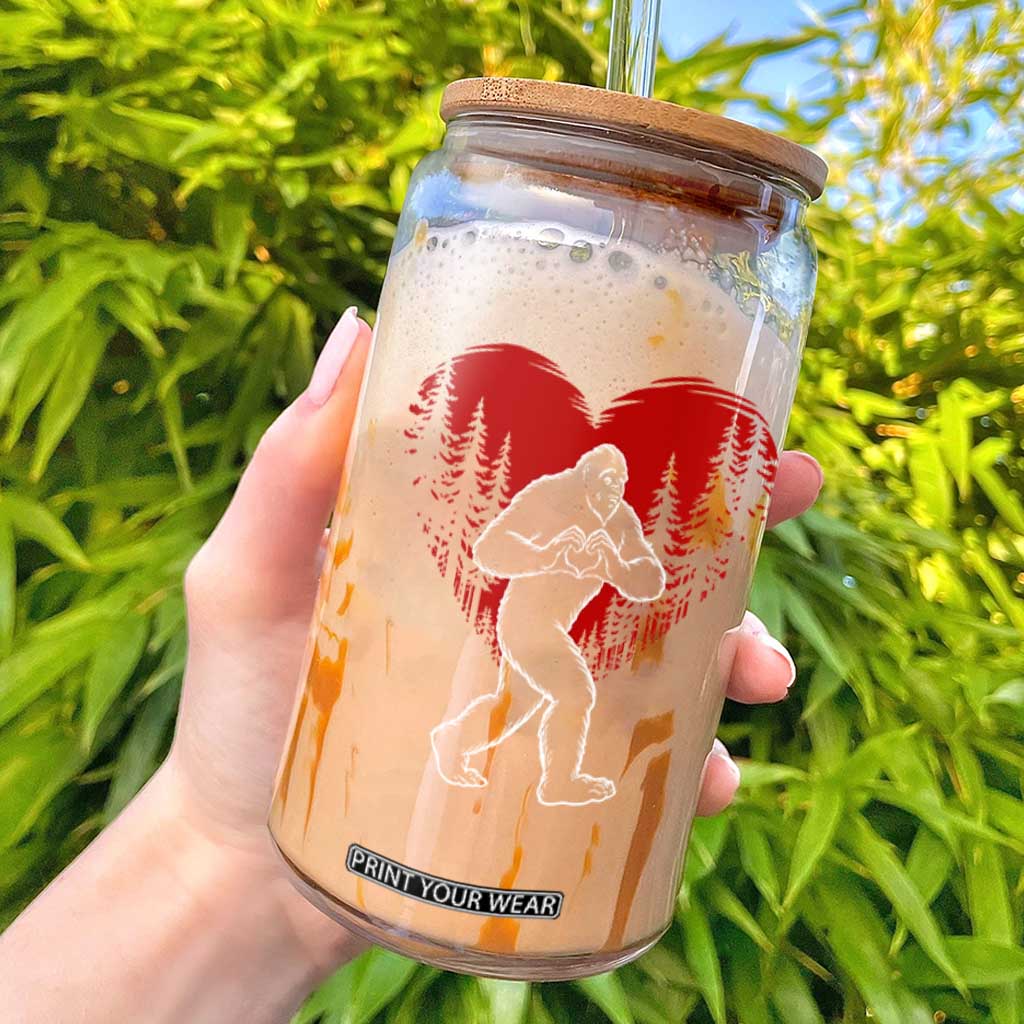 Funny Valentine Bigfoot in Love Heart Hand Sign Glass Can Romantic Sasquatch in Forest Valentines Day TS02 Black Print Your Wear