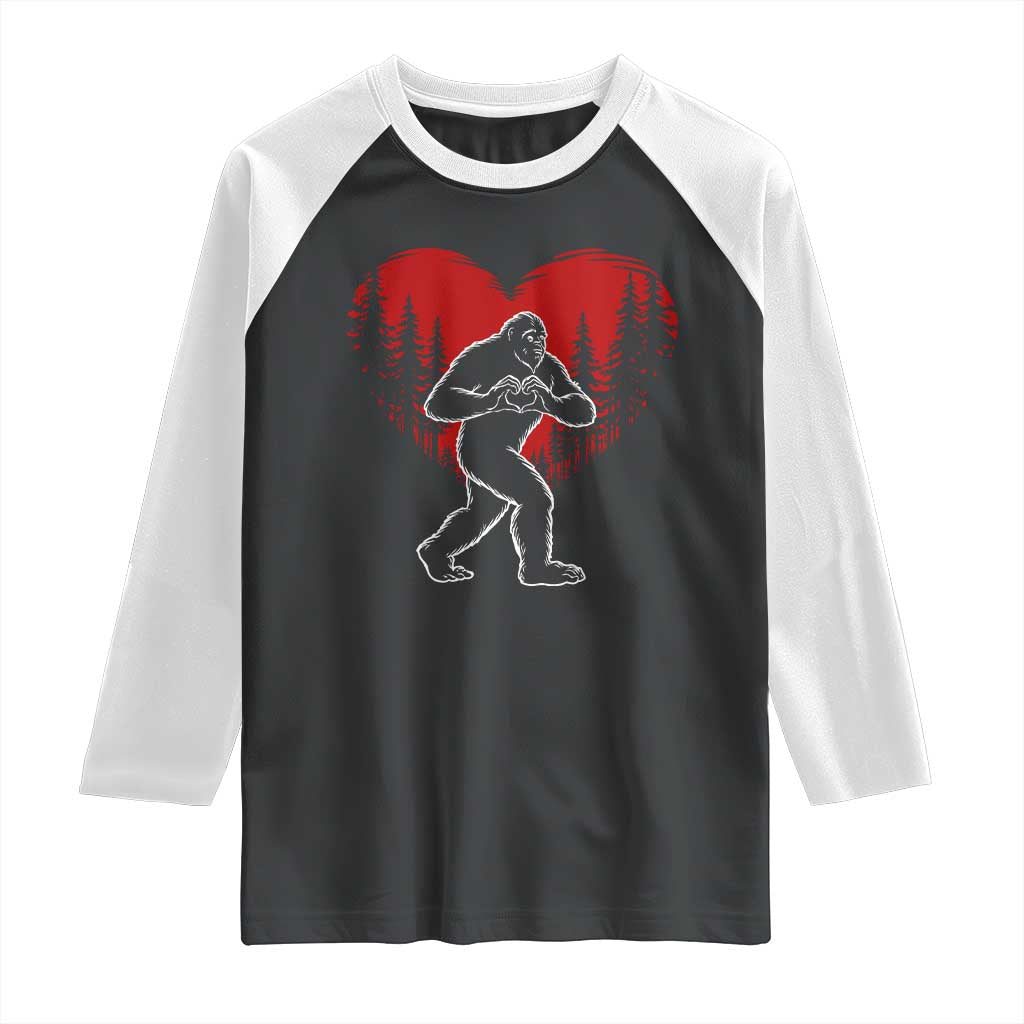 Funny Valentine Bigfoot in Love Heart Hand Sign Raglan Shirt Romantic Sasquatch in Forest Valentines Day TS02 Black White Print Your Wear