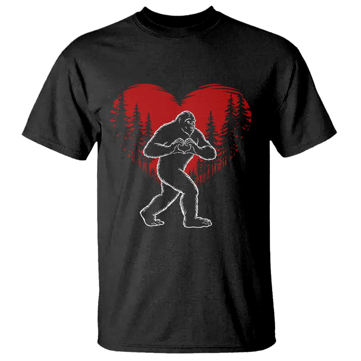 Funny Valentine Bigfoot in Love Heart Hand Sign T Shirt Romantic Sasquatch in Forest Valentines Day TS02 Black Print Your Wear