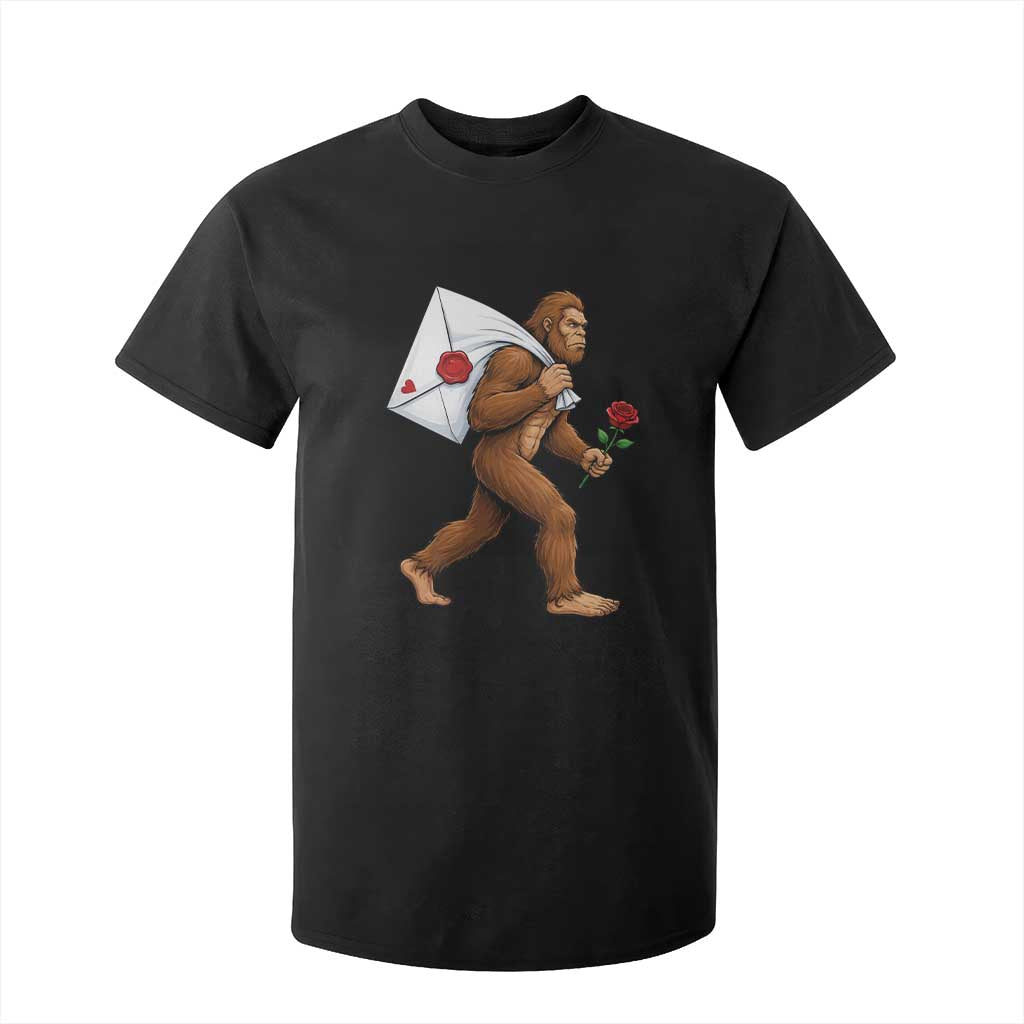 Funny Valentine Bigfoot with Heart Sack Bag T Shirt For Kid Romantic Sasquatch Love Letter Valentines Day TS02 Black Print Your Wear