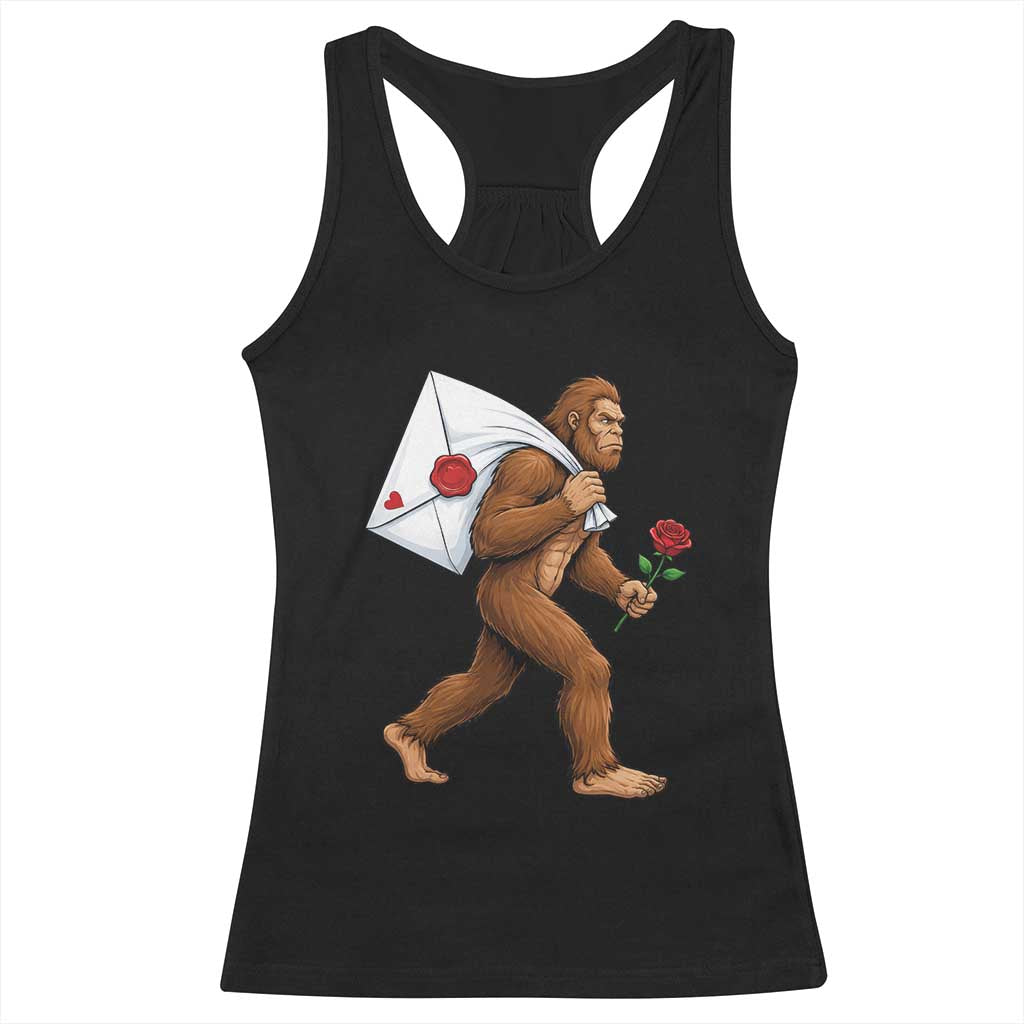 Funny Valentine Bigfoot with Heart Sack Bag Racerback Tank Top Romantic Sasquatch Love Letter Valentines Day TS02 Black Print Your Wear
