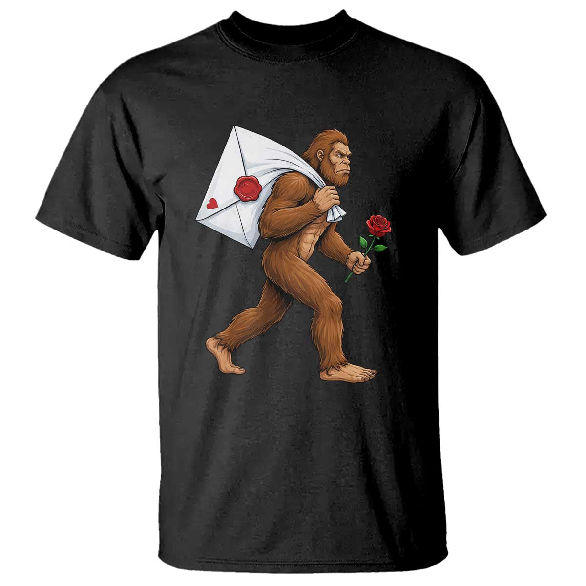 Funny Valentine Bigfoot with Heart Sack Bag T Shirt Romantic Sasquatch Love Letter Valentines Day TS02 Black Print Your Wear