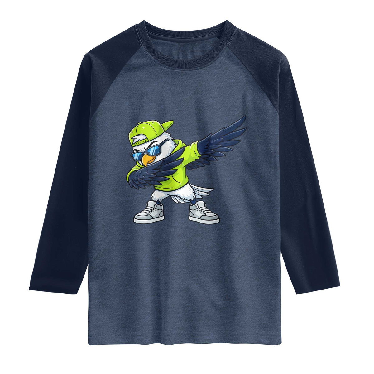 Cool Dabbing Hawk Sports Graphic Raglan Shirt Neon Green Game Day Fan TS02 Heather Denim Navy Print Your Wear