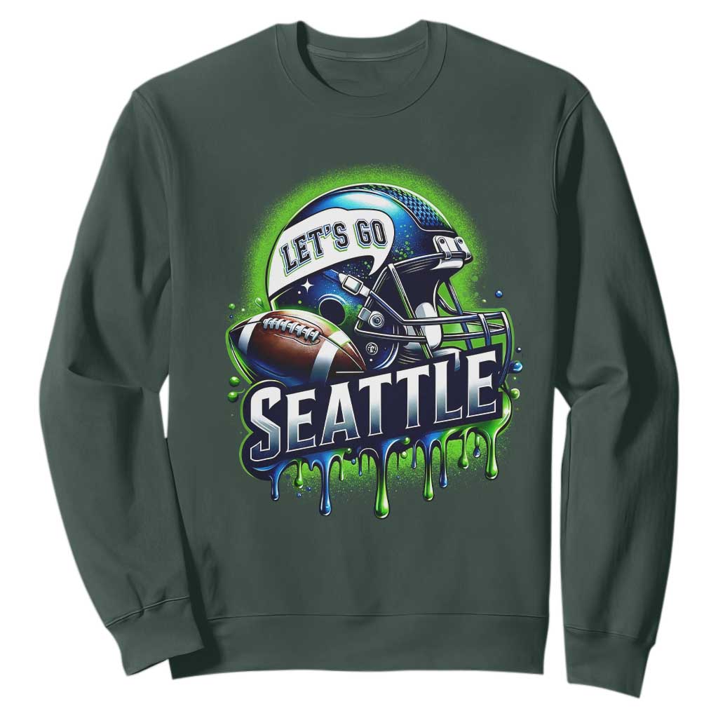 Lets Go Seattle Athletic Helmet Dripping Style Graphic Sweatshirt Game Day Sports Fan TS02 Dark Forest Green Print Your Wear