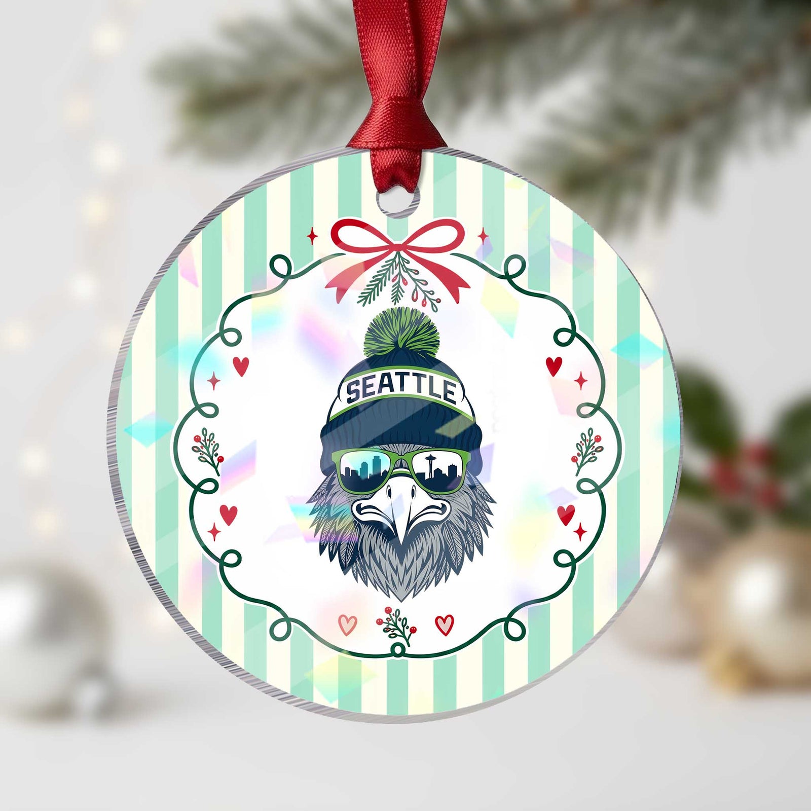 Cool Hawk with Beanie Sunglasses Sports Graphic Holographic Acrylic Ornament Seattle City Skyline Pride Game Day Sports Fan