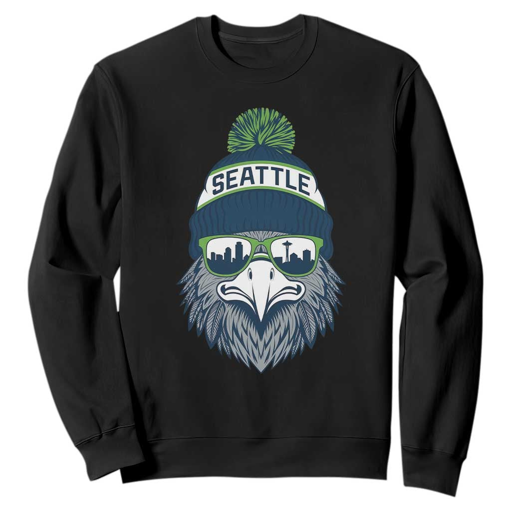 Cool Hawk with Beanie Sunglasses Sports Graphic Sweatshirt Seattle City Skyline Pride Game Day Sports Fan TS02 Black Print Your Wear