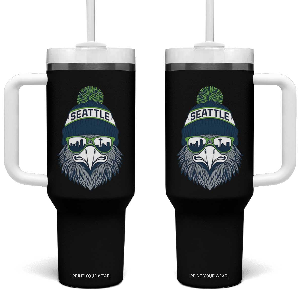 Cool Hawk with Beanie Sunglasses Sports Graphic Tumbler With Handle Seattle City Skyline Pride Game Day Sports Fan TS02 One Size: 40 oz Black Print Your Wear