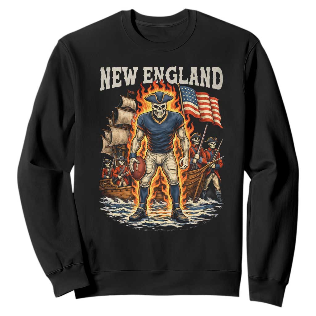 New England Fiery Skeleton Game Day Graphic Sweatshirt Patriotic Revolutionary Sports Fan TS02 Black Print Your Wear