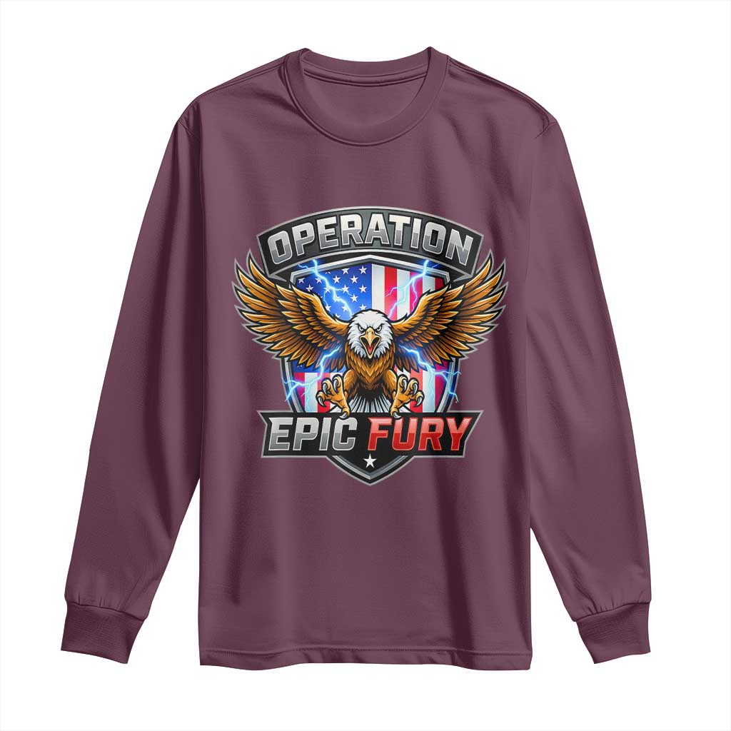 Operation Epic Fury Patriotic Bald Eagle Long Sleeve Shirt American Flag Shield Graphic Freedom Pride TS02 Maroon Print Your Wear