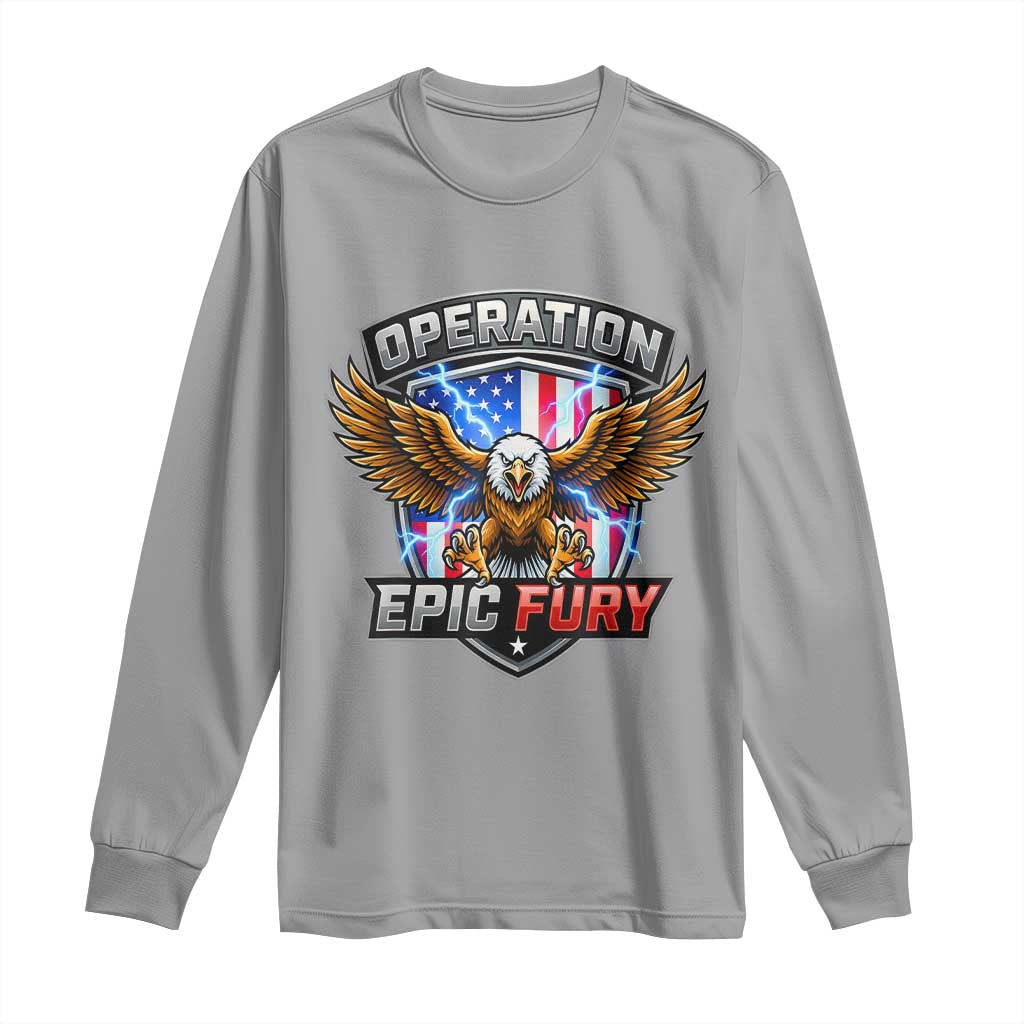 Operation Epic Fury Patriotic Bald Eagle Long Sleeve Shirt American Flag Shield Graphic Freedom Pride TS02 Sport Gray Print Your Wear