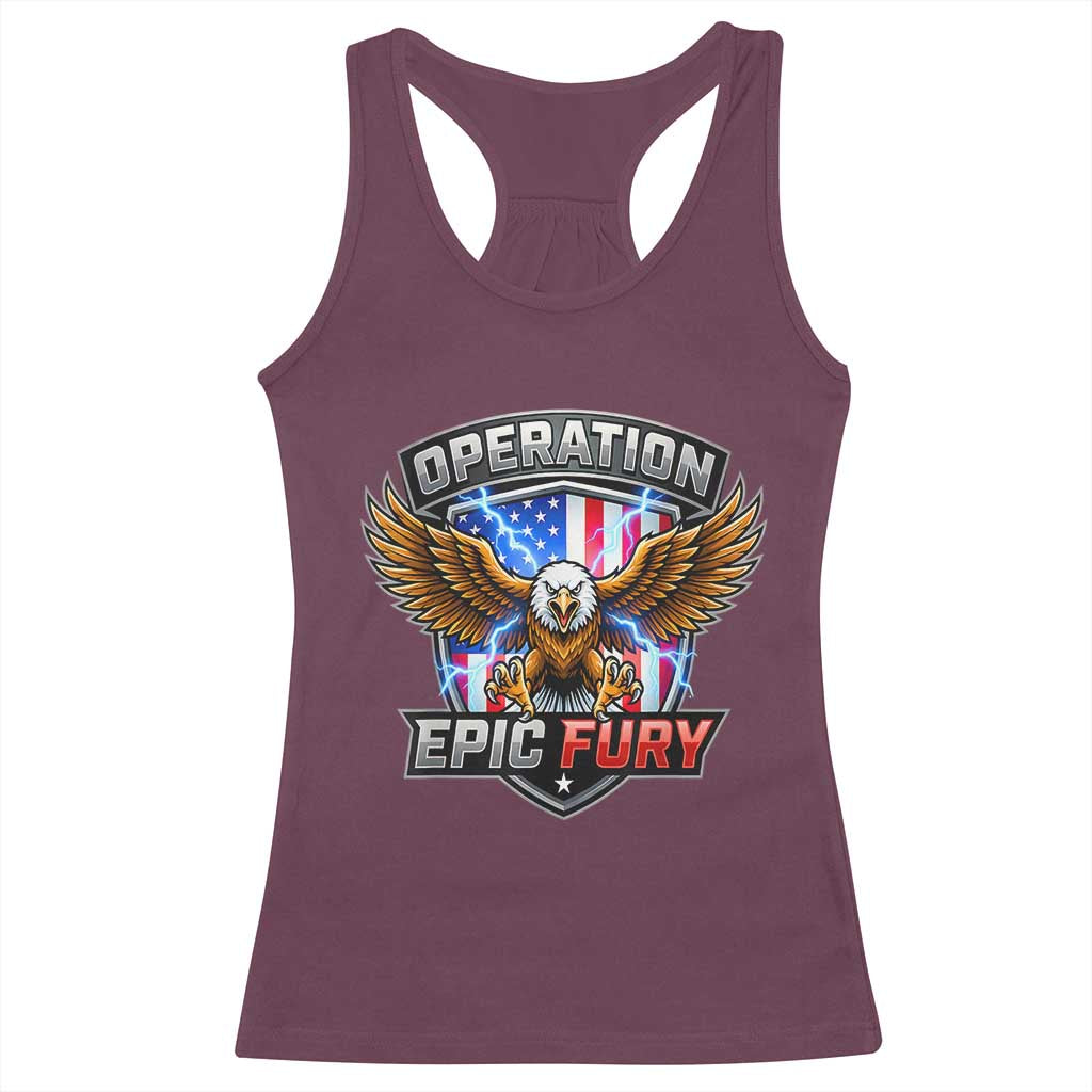 Operation Epic Fury Patriotic Bald Eagle Racerback Tank Top American Flag Shield Graphic Freedom Pride TS02 Maroon Print Your Wear