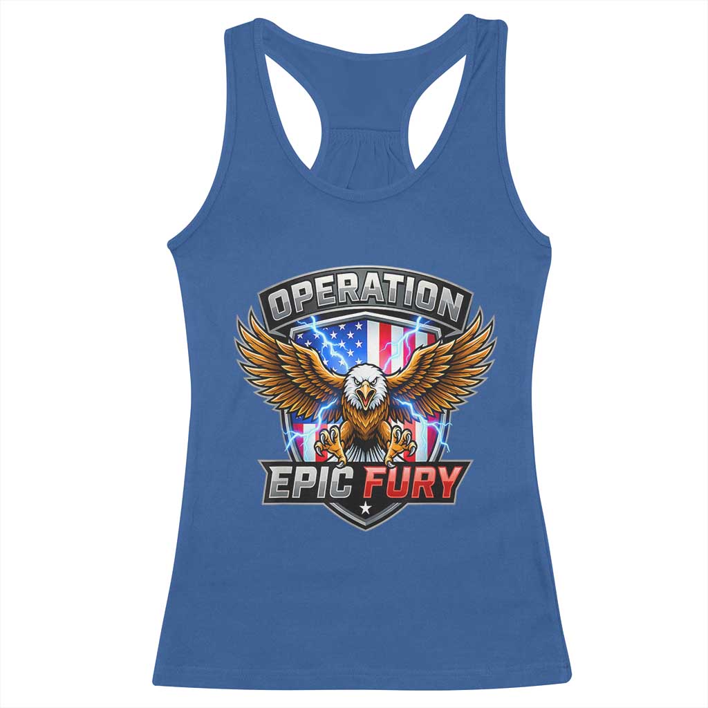 Operation Epic Fury Patriotic Bald Eagle Racerback Tank Top American Flag Shield Graphic Freedom Pride TS02 Royal Blue Print Your Wear