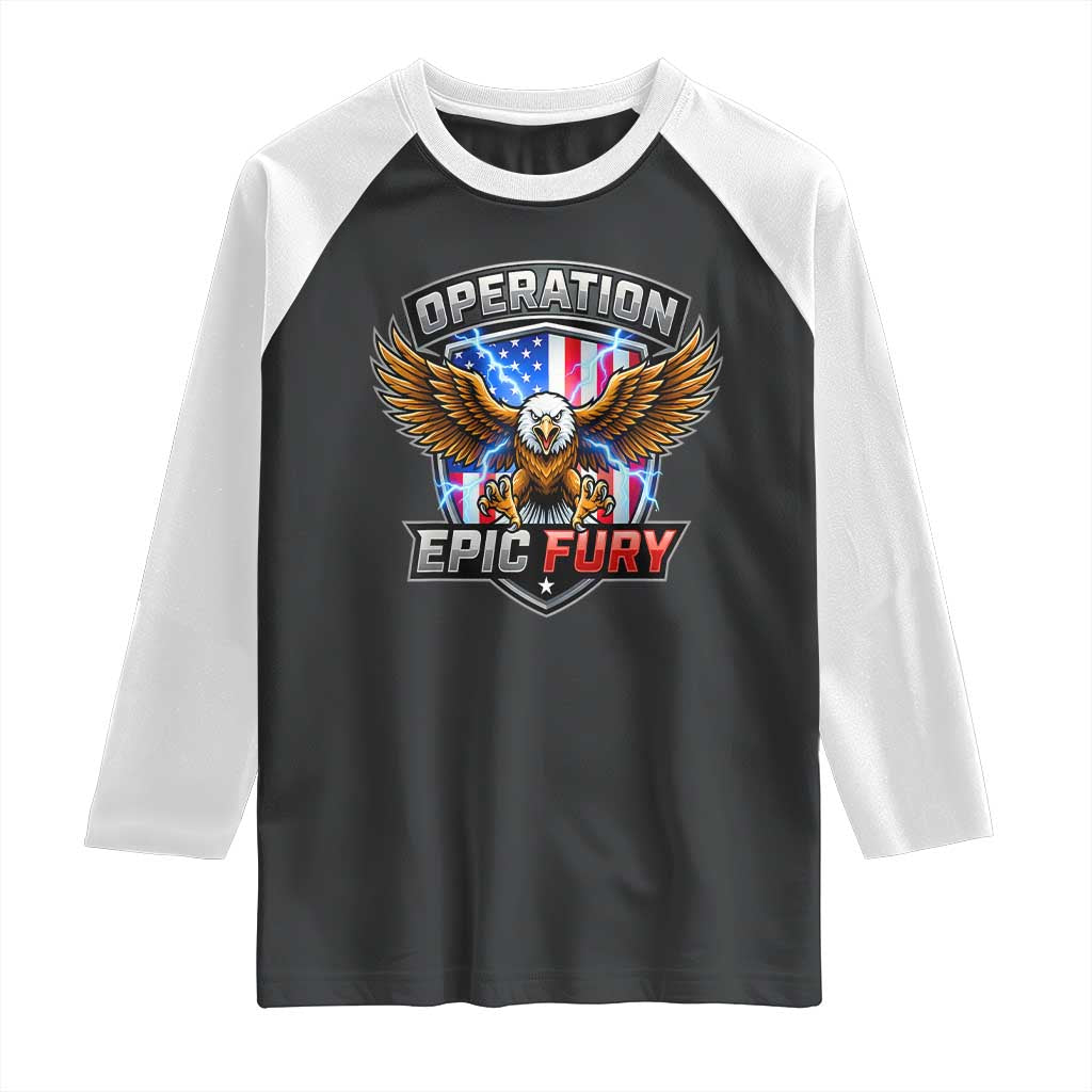 Operation Epic Fury Patriotic Bald Eagle Raglan Shirt American Flag Shield Graphic Freedom Pride TS02 Black White Print Your Wear