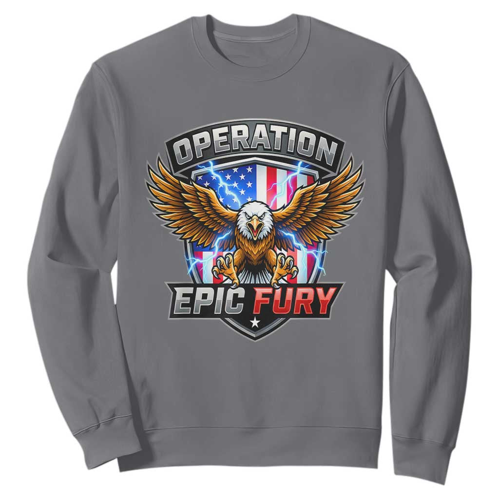 Operation Epic Fury Patriotic Bald Eagle Sweatshirt American Flag Shield Graphic Freedom Pride TS02 Charcoal Print Your Wear