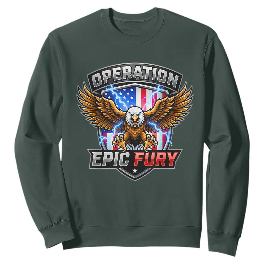 Operation Epic Fury Patriotic Bald Eagle Sweatshirt American Flag Shield Graphic Freedom Pride TS02 Dark Forest Green Print Your Wear