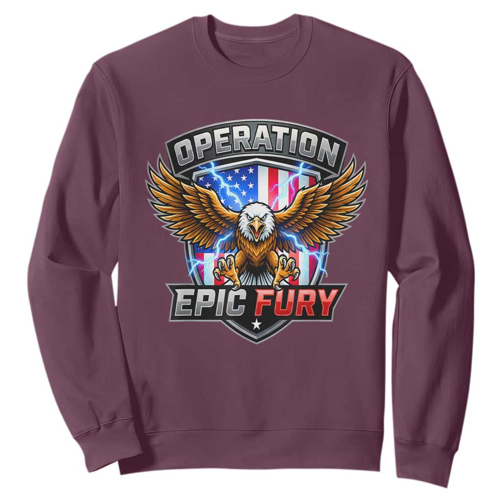 Operation Epic Fury Patriotic Bald Eagle Sweatshirt American Flag Shield Graphic Freedom Pride TS02 Maroon Print Your Wear