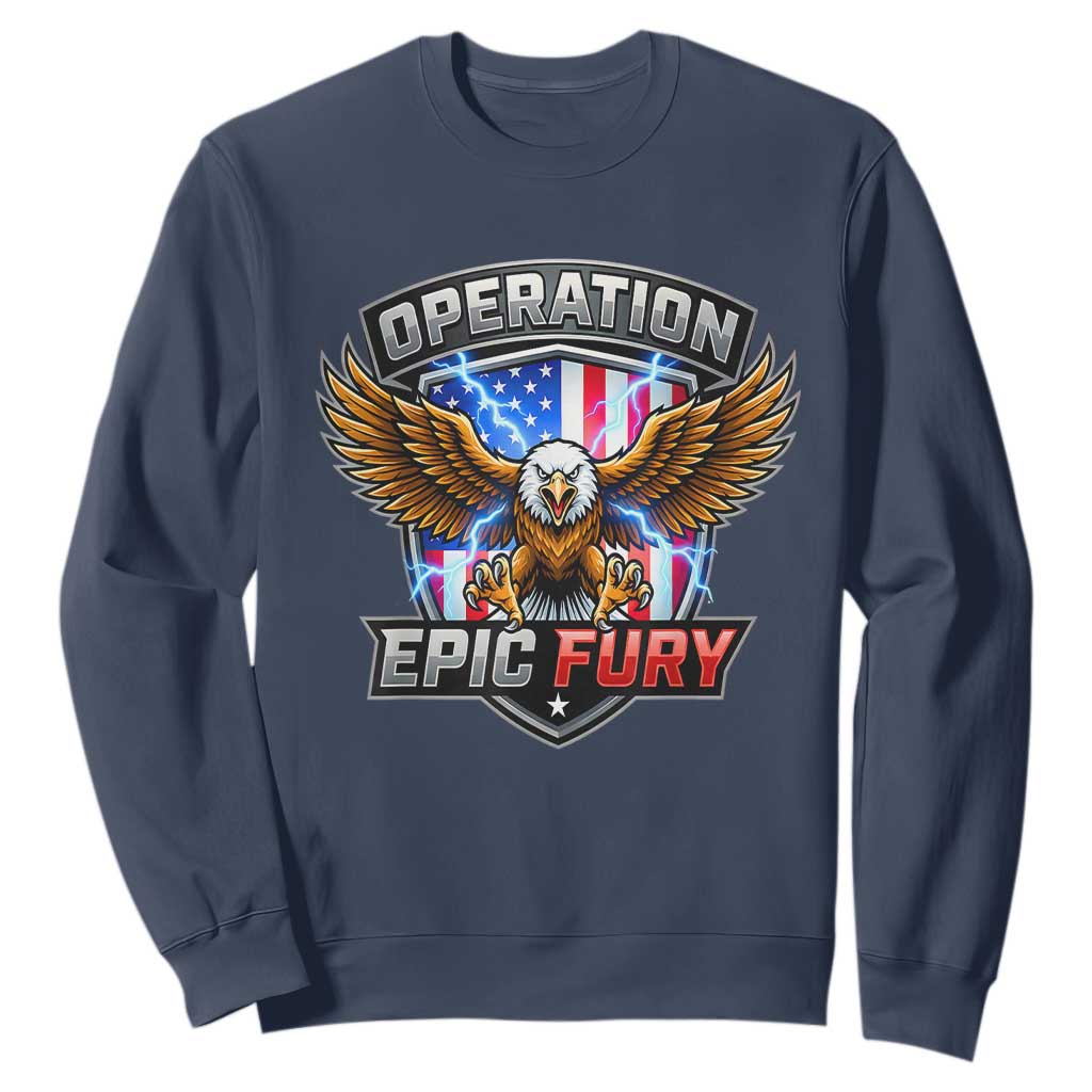 Operation Epic Fury Patriotic Bald Eagle Sweatshirt American Flag Shield Graphic Freedom Pride TS02 Navy Print Your Wear