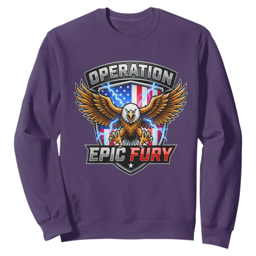Operation Epic Fury Patriotic Bald Eagle Sweatshirt American Flag Shield Graphic Freedom Pride TS02 Purple Print Your Wear