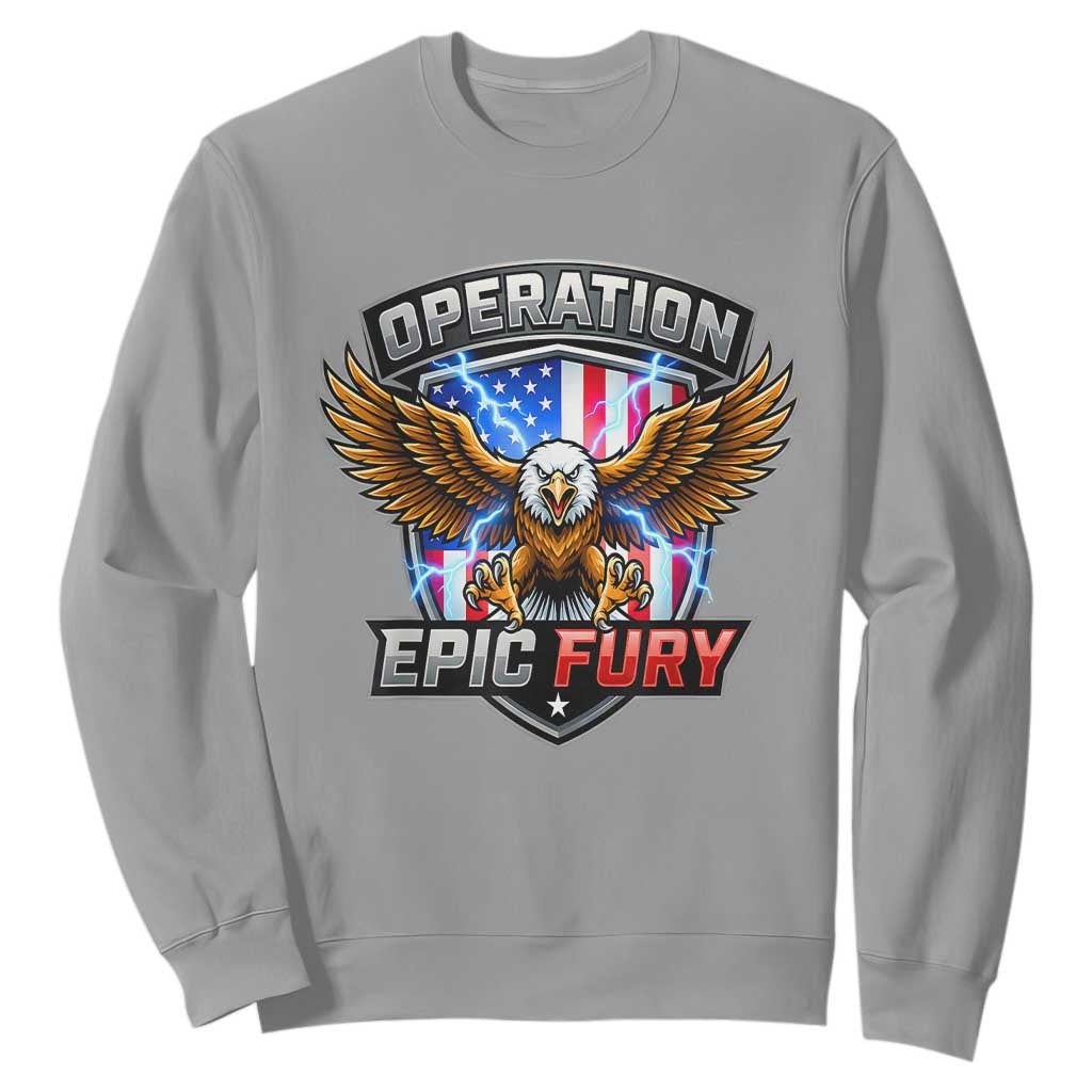 Operation Epic Fury Patriotic Bald Eagle Sweatshirt American Flag Shield Graphic Freedom Pride TS02 Sport Gray Print Your Wear