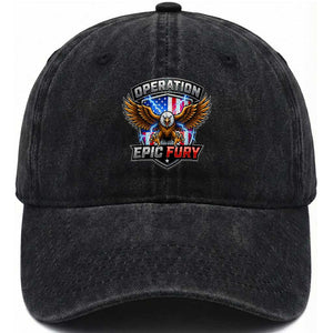Operation Epic Fury Patriotic Bald Eagle Washed Cotton Baseball Cap American Flag Shield Graphic Freedom Pride TS02 Washed Cap Universal Fit Black Print Your Wear