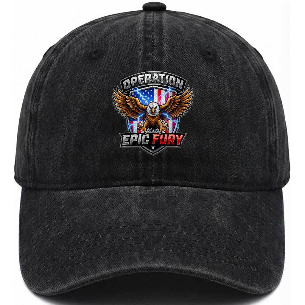 Operation Epic Fury Patriotic Bald Eagle Washed Cotton Baseball Cap American Flag Shield Graphic Freedom Pride TS02 Washed Cap Universal Fit Black Print Your Wear