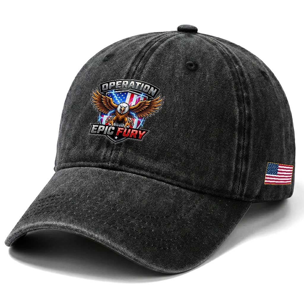 Operation Epic Fury Patriotic Bald Eagle Washed Cotton Baseball Cap American Flag Shield Graphic Freedom Pride TS02 Print Your Wear