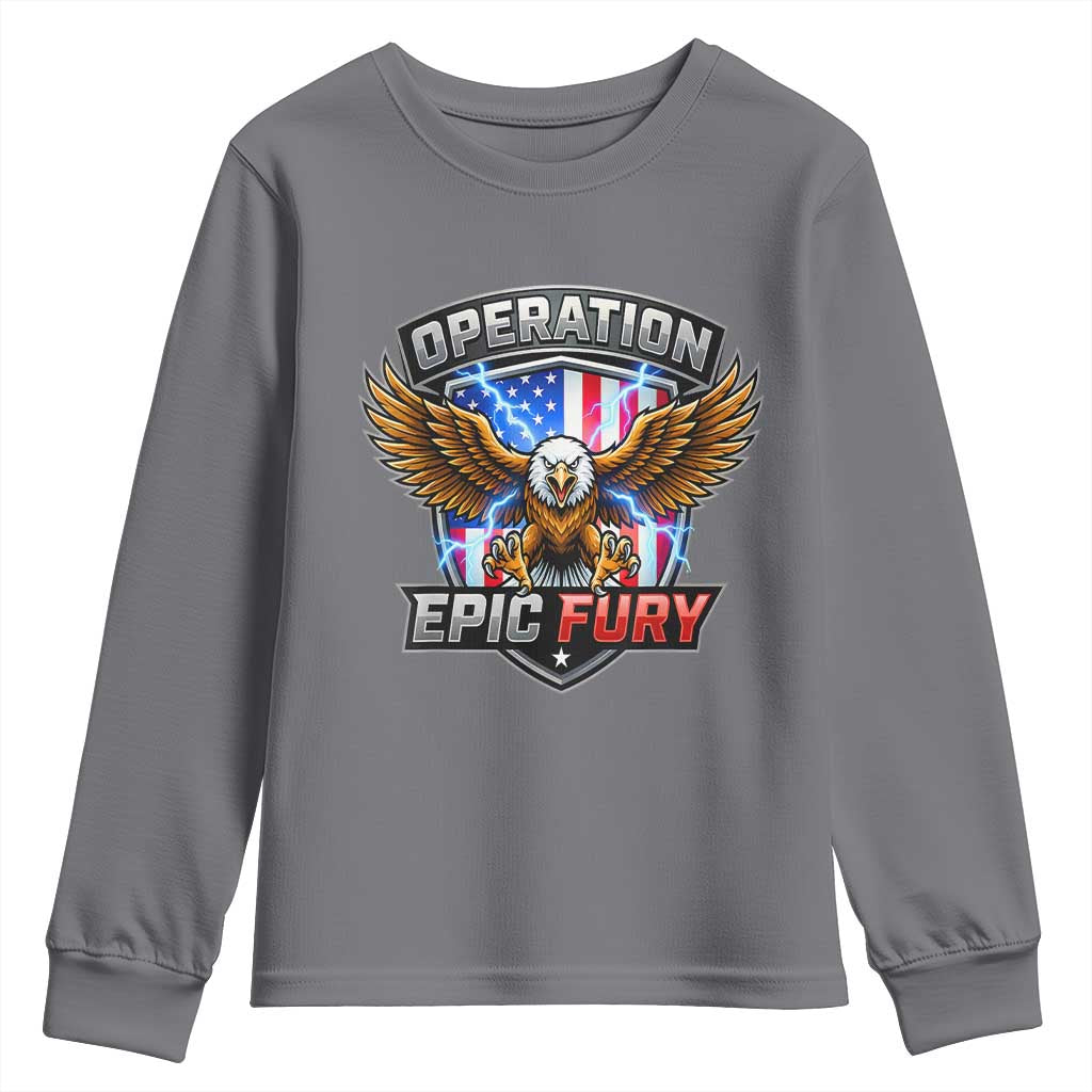 Operation Epic Fury Patriotic Bald Eagle Youth Sweatshirt American Flag Shield Graphic Freedom Pride TS02 Charcoal Print Your Wear