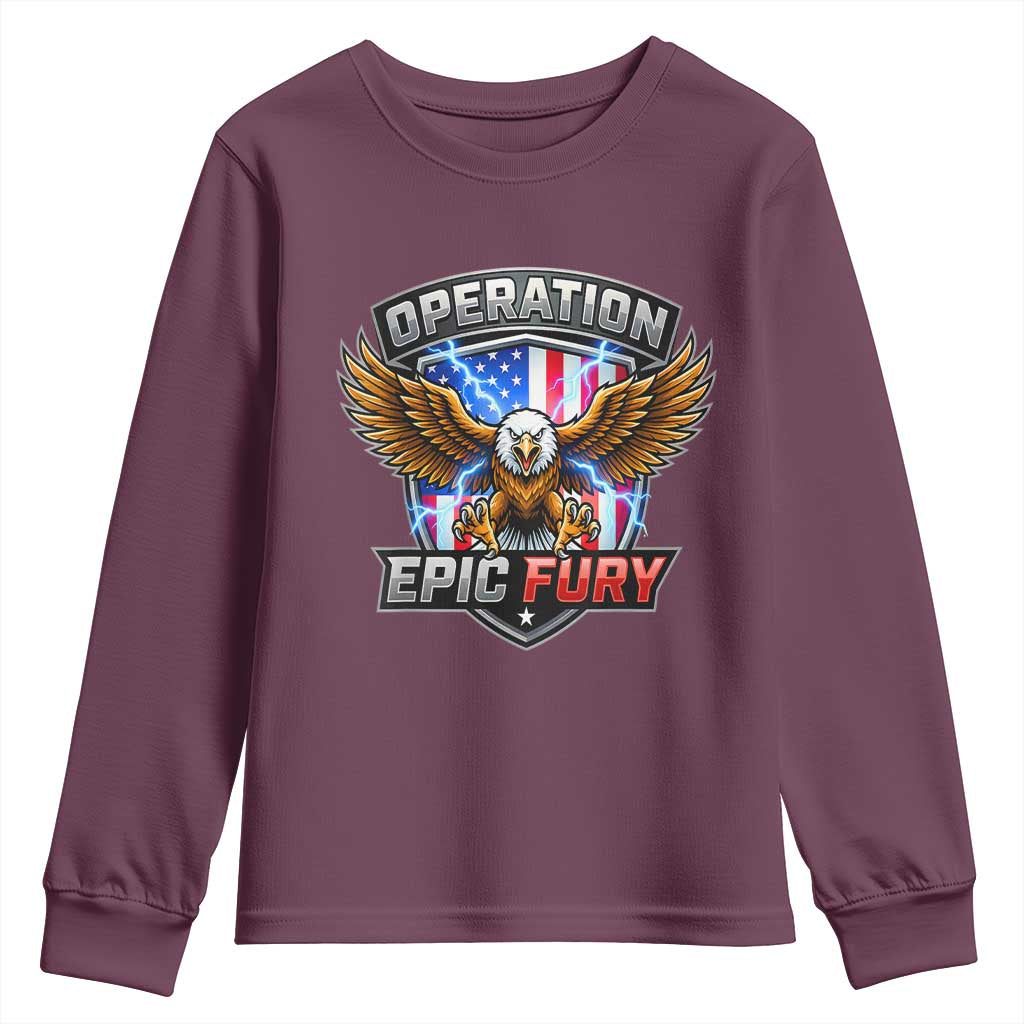Operation Epic Fury Patriotic Bald Eagle Youth Sweatshirt American Flag Shield Graphic Freedom Pride TS02 Maroon Print Your Wear