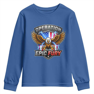 Operation Epic Fury Patriotic Bald Eagle Youth Sweatshirt American Flag Shield Graphic Freedom Pride TS02 Royal Blue Print Your Wear