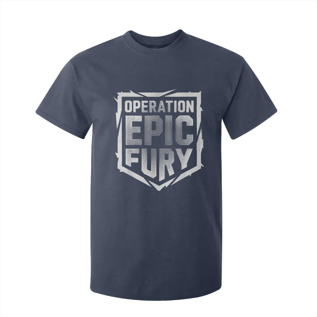 Operation Epic Fury Bold Tactical Shield Graphic T Shirt For Kid Strong Patriotic Statement Freedom Supporters TS02 Navy Print Your Wear