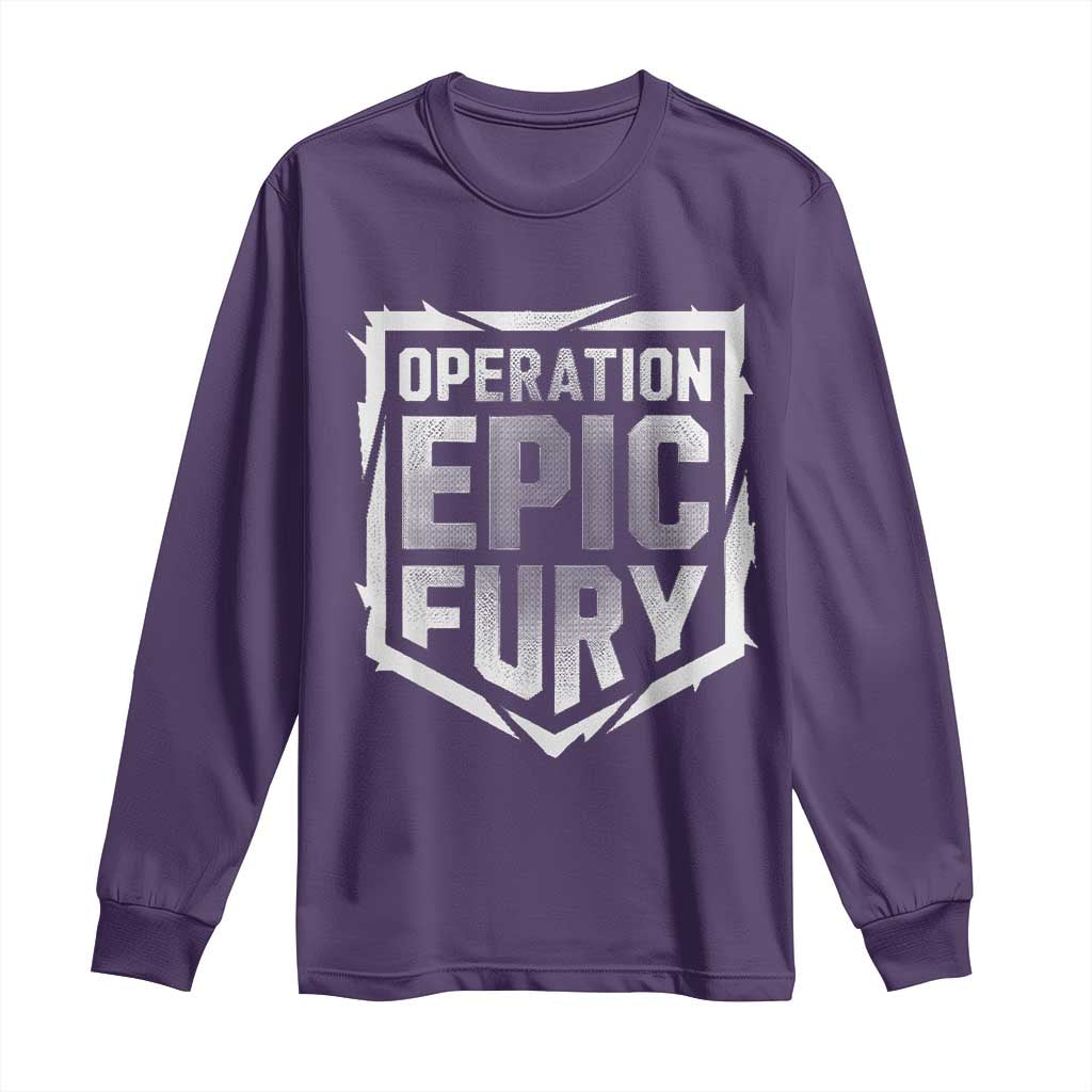 Operation Epic Fury Bold Tactical Shield Graphic Long Sleeve Shirt Strong Patriotic Statement Freedom Supporters TS02 Purple Print Your Wear
