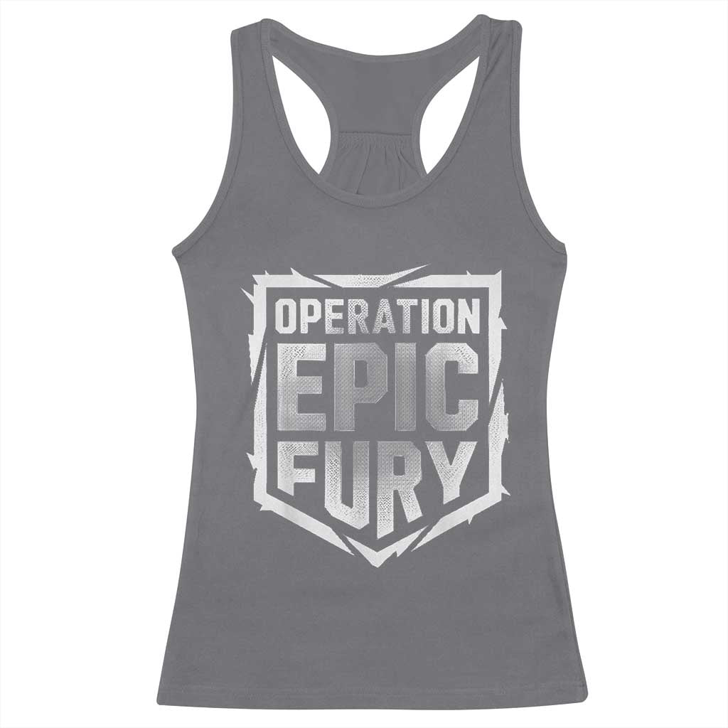 Operation Epic Fury Bold Tactical Shield Graphic Racerback Tank Top Strong Patriotic Statement Freedom Supporters TS02 Charcoal Print Your Wear