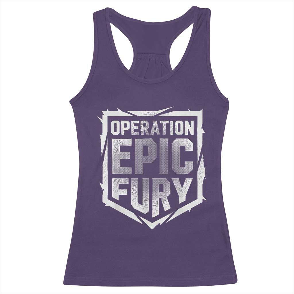 Operation Epic Fury Bold Tactical Shield Graphic Racerback Tank Top Strong Patriotic Statement Freedom Supporters TS02 Purple Print Your Wear