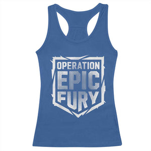 Operation Epic Fury Bold Tactical Shield Graphic Racerback Tank Top Strong Patriotic Statement Freedom Supporters TS02 Royal Blue Print Your Wear