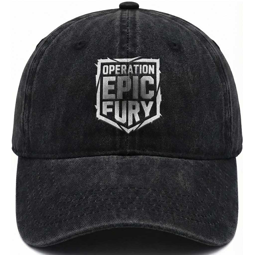 Operation Epic Fury Bold Tactical Shield Graphic Washed Cotton Baseball Cap Strong Patriotic Statement Freedom Supporters TS02 Washed Cap Universal Fit Black Print Your Wear