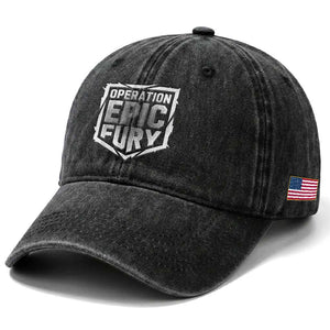 Operation Epic Fury Bold Tactical Shield Graphic Washed Cotton Baseball Cap Strong Patriotic Statement Freedom Supporters TS02 Print Your Wear