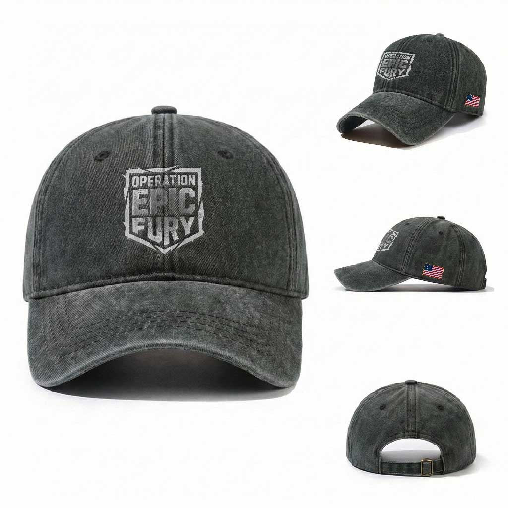 Operation Epic Fury Bold Tactical Shield Graphic Washed Cotton Baseball Cap Strong Patriotic Statement Freedom Supporters TS02 Washed Cap Universal Fit Dark Green Print Your Wear