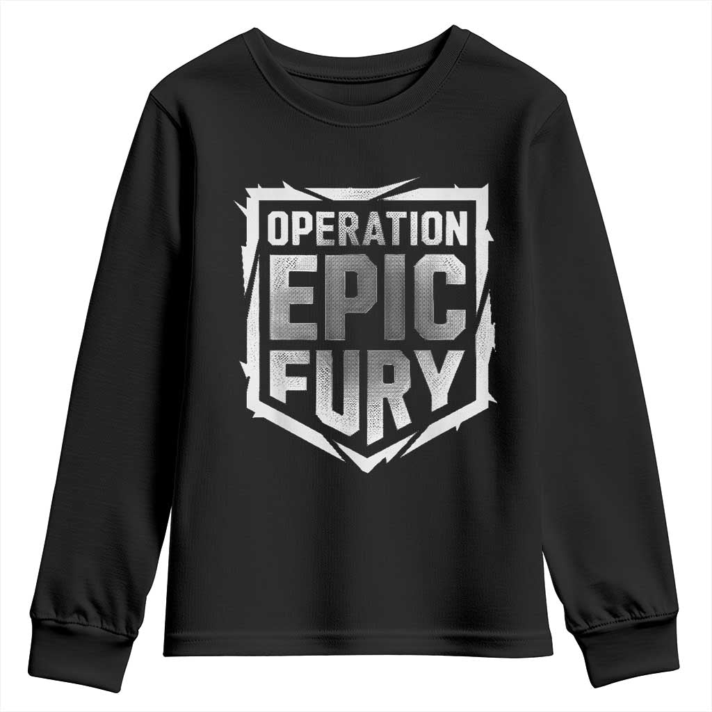 Operation Epic Fury Bold Tactical Shield Graphic Youth Sweatshirt Strong Patriotic Statement Freedom Supporters TS02 Black Print Your Wear
