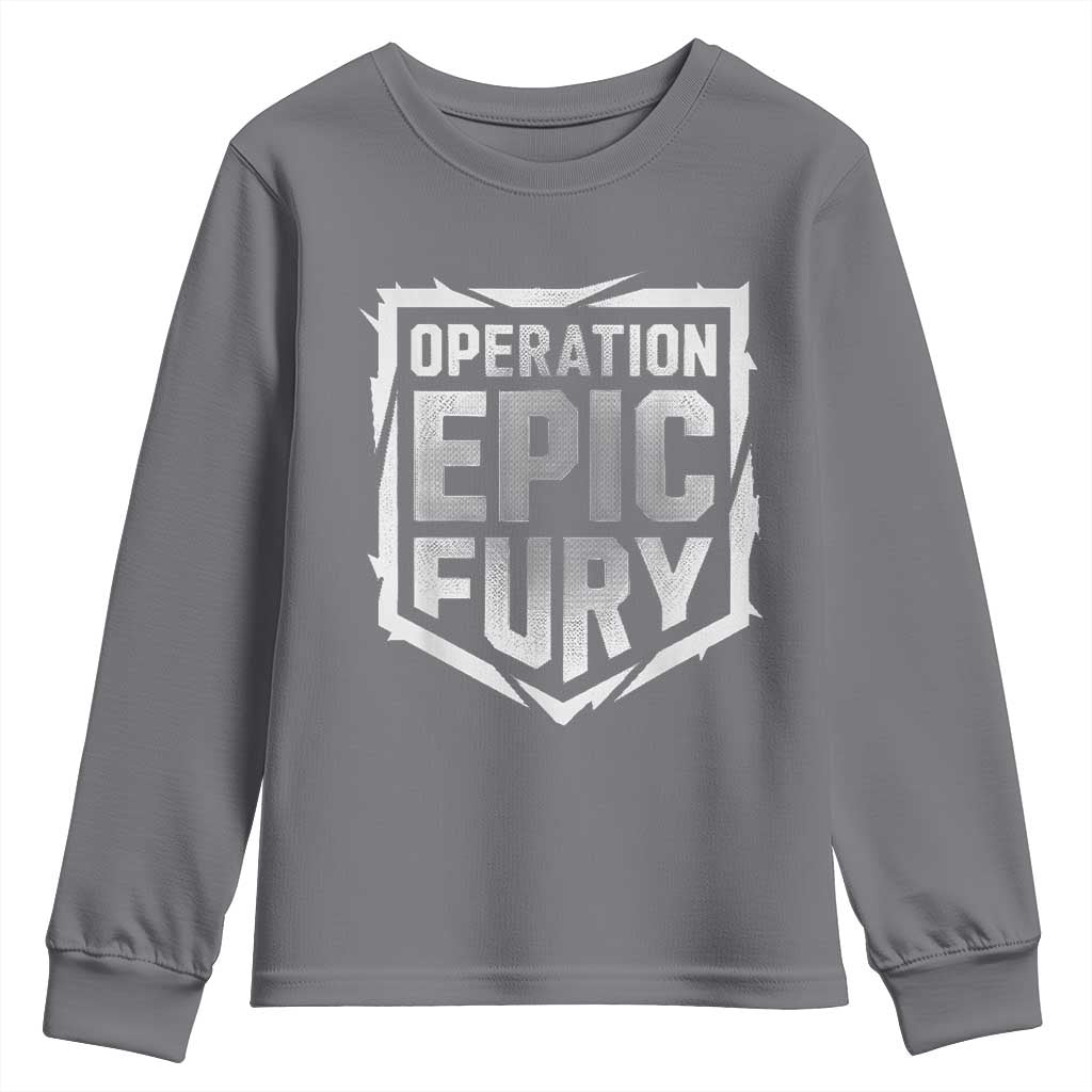 Operation Epic Fury Bold Tactical Shield Graphic Youth Sweatshirt Strong Patriotic Statement Freedom Supporters TS02 Charcoal Print Your Wear