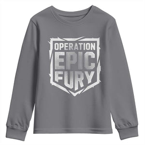 Operation Epic Fury Bold Tactical Shield Graphic Youth Sweatshirt Strong Patriotic Statement Freedom Supporters TS02 Charcoal Print Your Wear