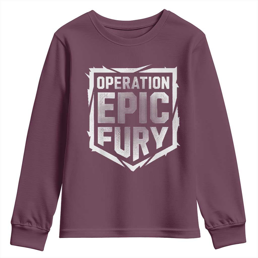 Operation Epic Fury Bold Tactical Shield Graphic Youth Sweatshirt Strong Patriotic Statement Freedom Supporters TS02 Maroon Print Your Wear