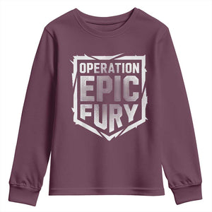 Operation Epic Fury Bold Tactical Shield Graphic Youth Sweatshirt Strong Patriotic Statement Freedom Supporters TS02 Maroon Print Your Wear