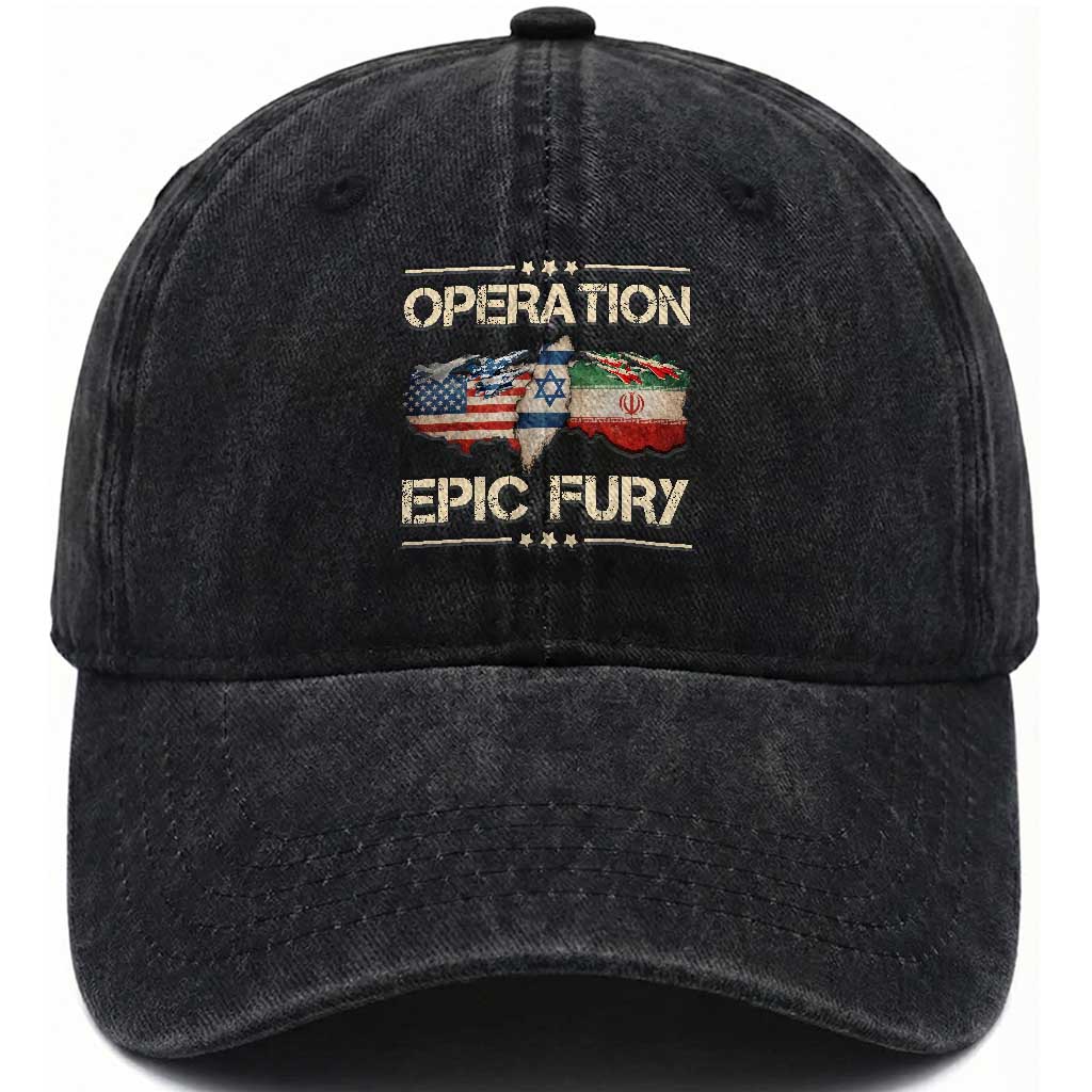 Operation Epic Fury USA Israel Washed Cotton Baseball Cap Patriotic Military Peace Through Strength TS02 Washed Cap Universal Fit Black Print Your Wear
