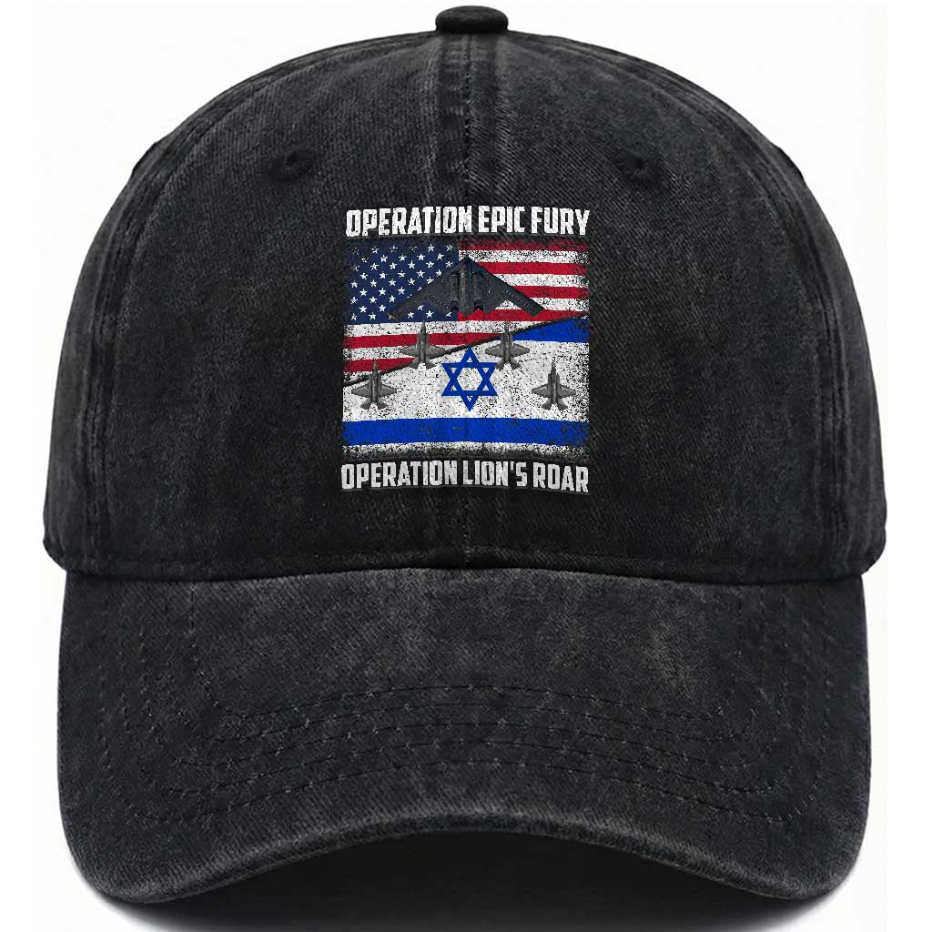 Operation Epic Fury Lions Roar Washed Cotton Baseball Cap USA Israel Flag Freedom Defense TS02 Washed Cap Universal Fit Black Print Your Wear