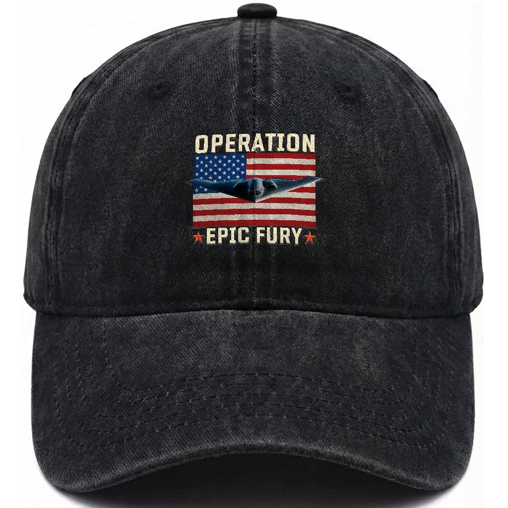 Operation Epic Fury Stealth Bomber American Flag Washed Cotton Baseball Cap Powerful B2 Spirit USA Military Pride TS02 Washed Cap Universal Fit Black Print Your Wear