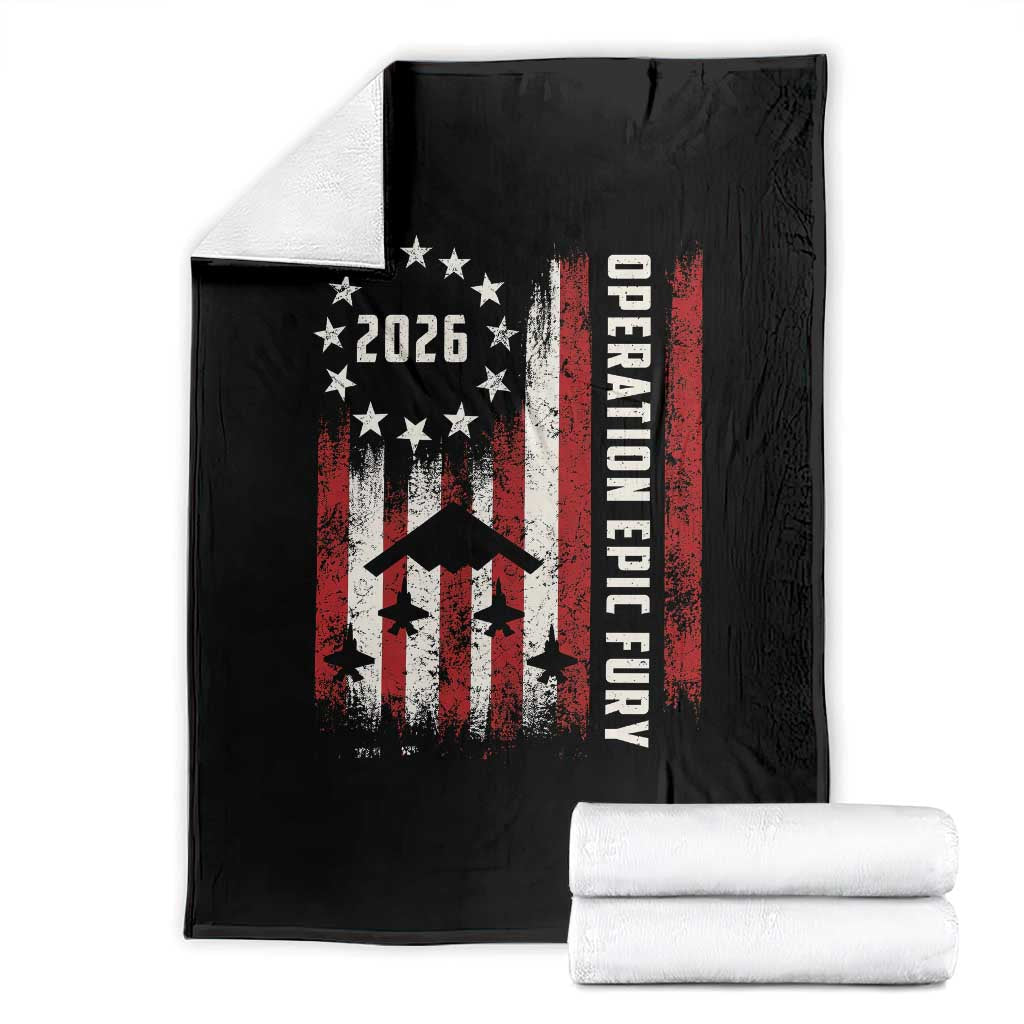 Operation Epic Fury 2026 American Flag Bomber Throw Blanket B2 Spirit Patriotic Air Dominance TS02 Black Print Your Wear