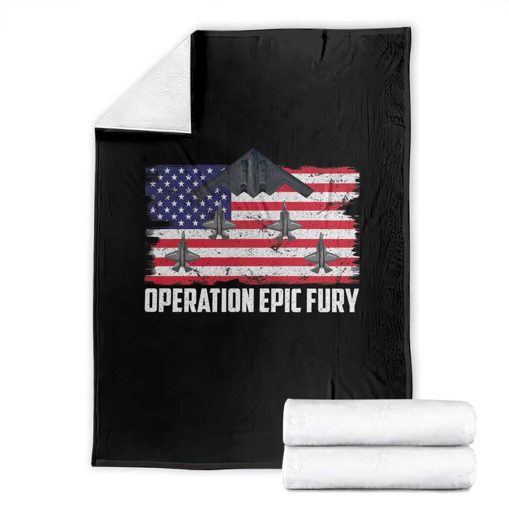 Operation Epic Fury Fighter Jet Formation American Flag Throw Blanket B12 Spirit USA Strength and Freedom TS02 Black Print Your Wear